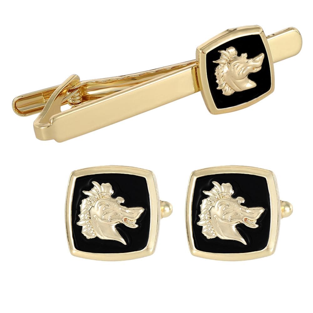Conjunto de abotoaduras e clipes de gravata Animal Horse Design Gold Tone