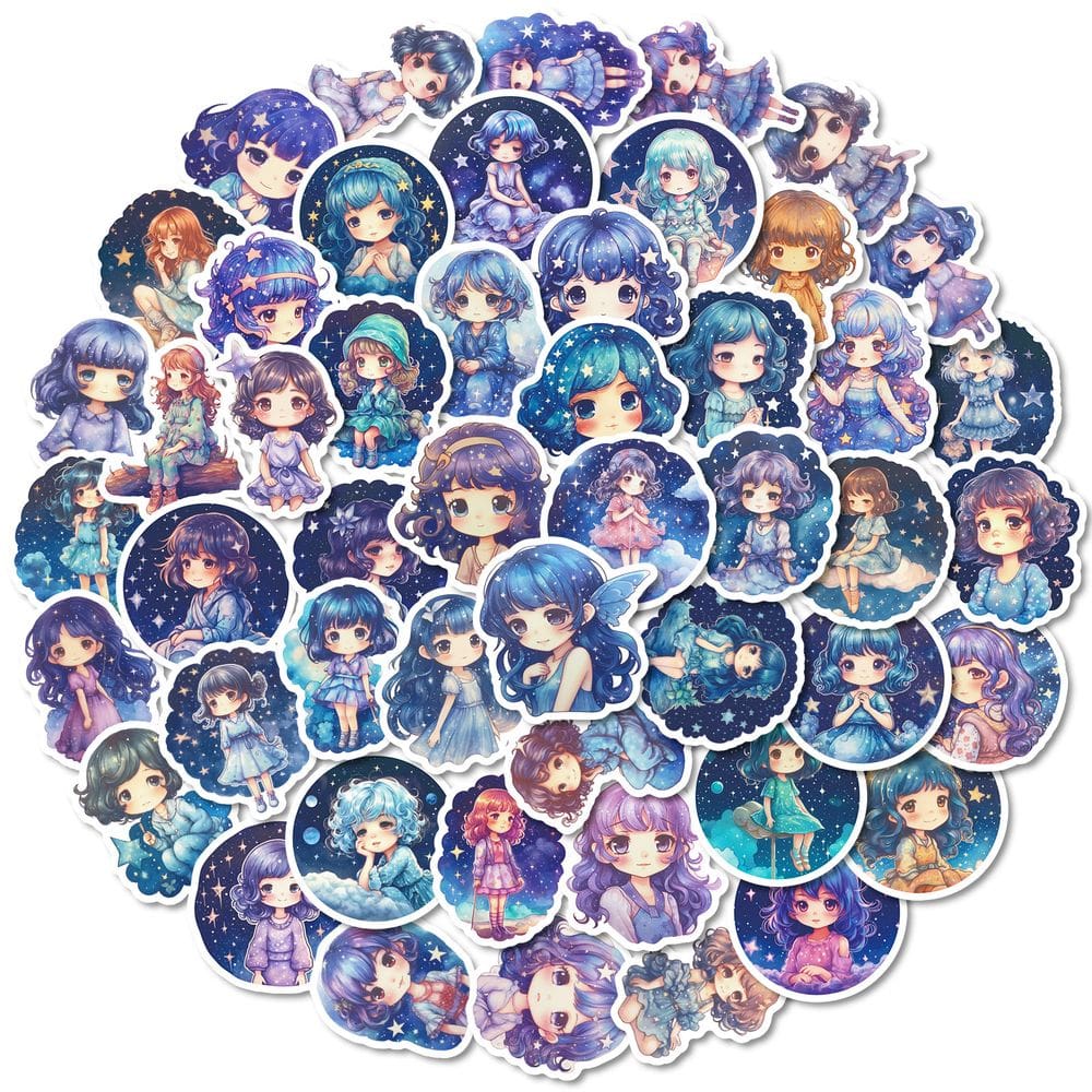 Pacote de adesivos Night Sky Theme, desenhado à mão, Cartoon Girl x50