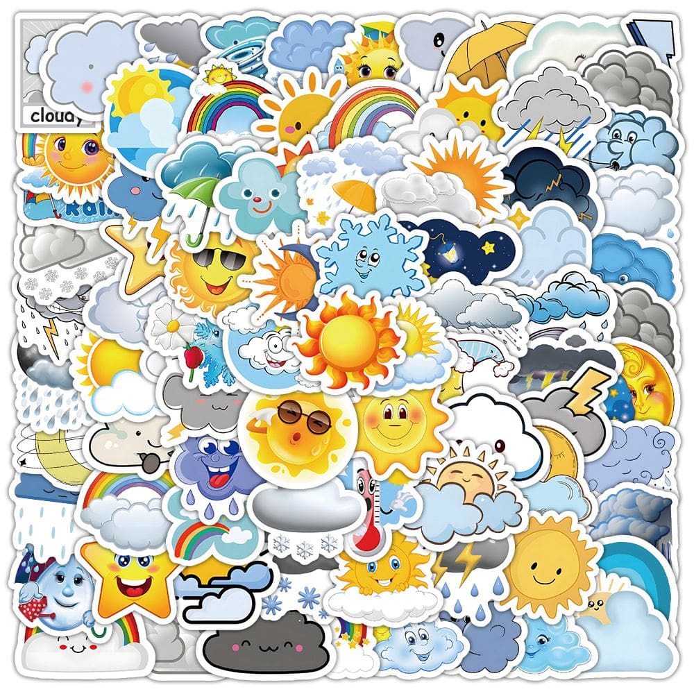 Adesivos meteorológicos, 100 peças, desenhos animados, Sun Cloud, Rainbow Thunder S