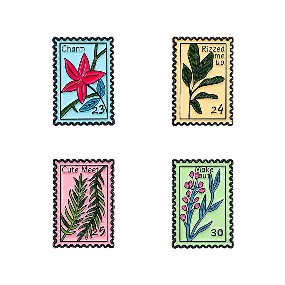 Conjunto de broches, selo postal vintage, flor botânica