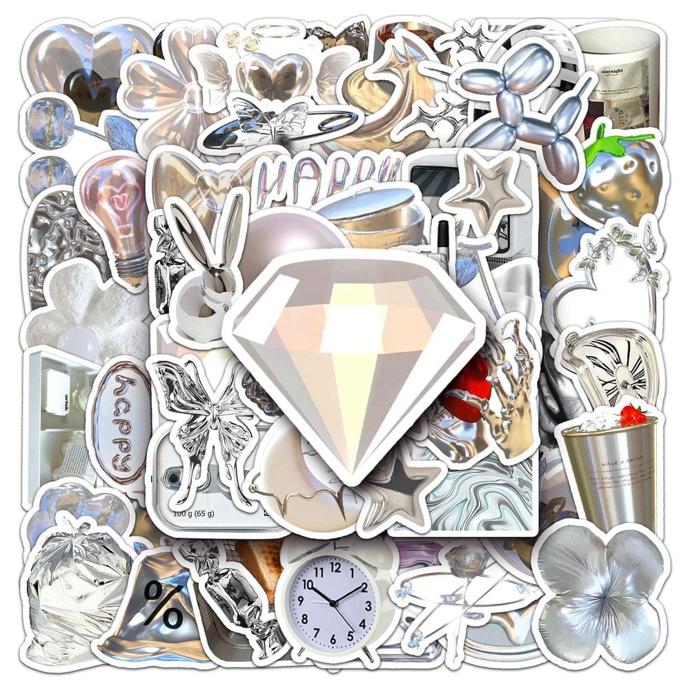 Conjunto de adesivos Silver Aesthetic Metallic Geometric Vinyl x50