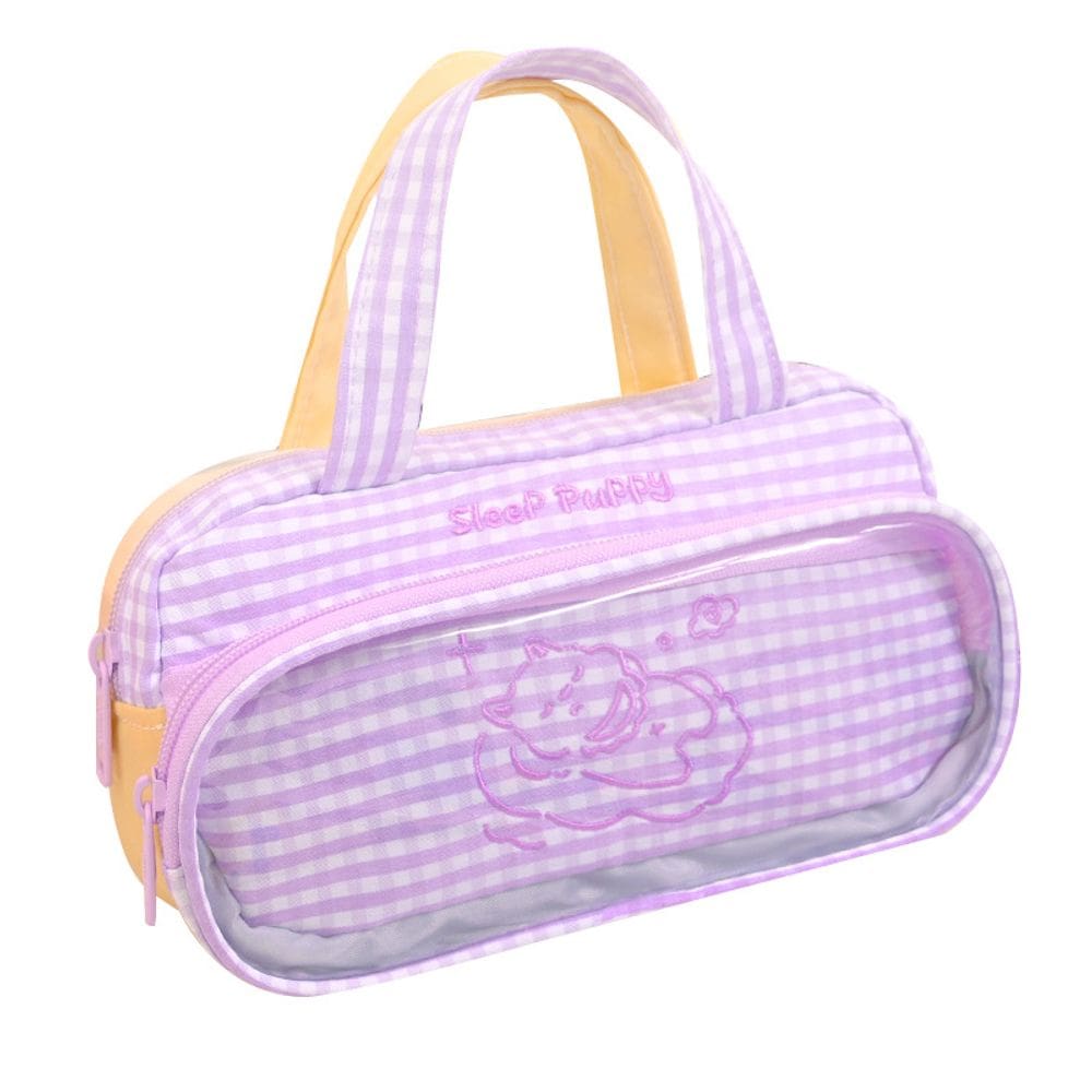 Estojo de lápis em tela xadrez roxa de grande capacidade com alça