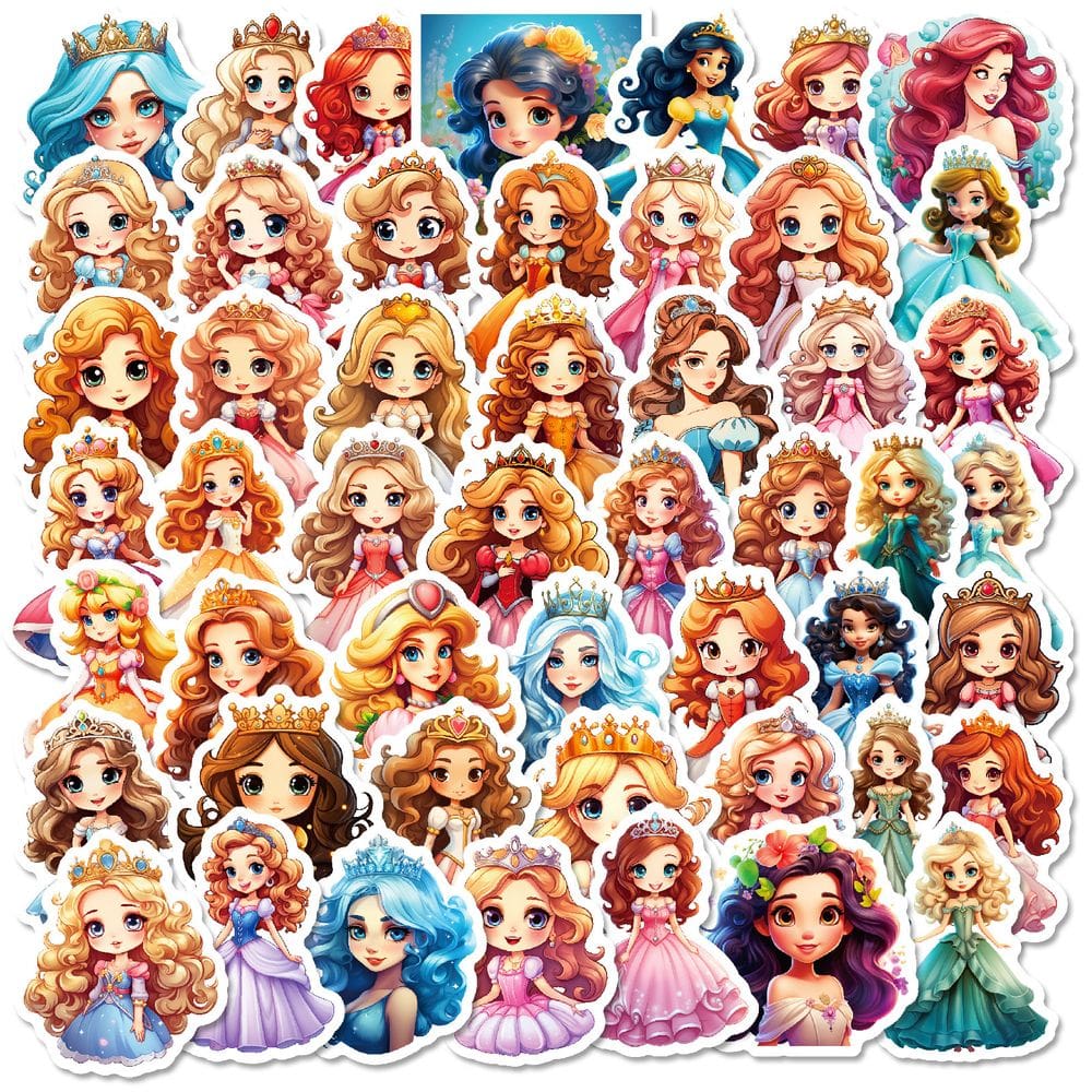 Pacote de adesivos Cute Princess Cartoon, decalques de vinil x50
