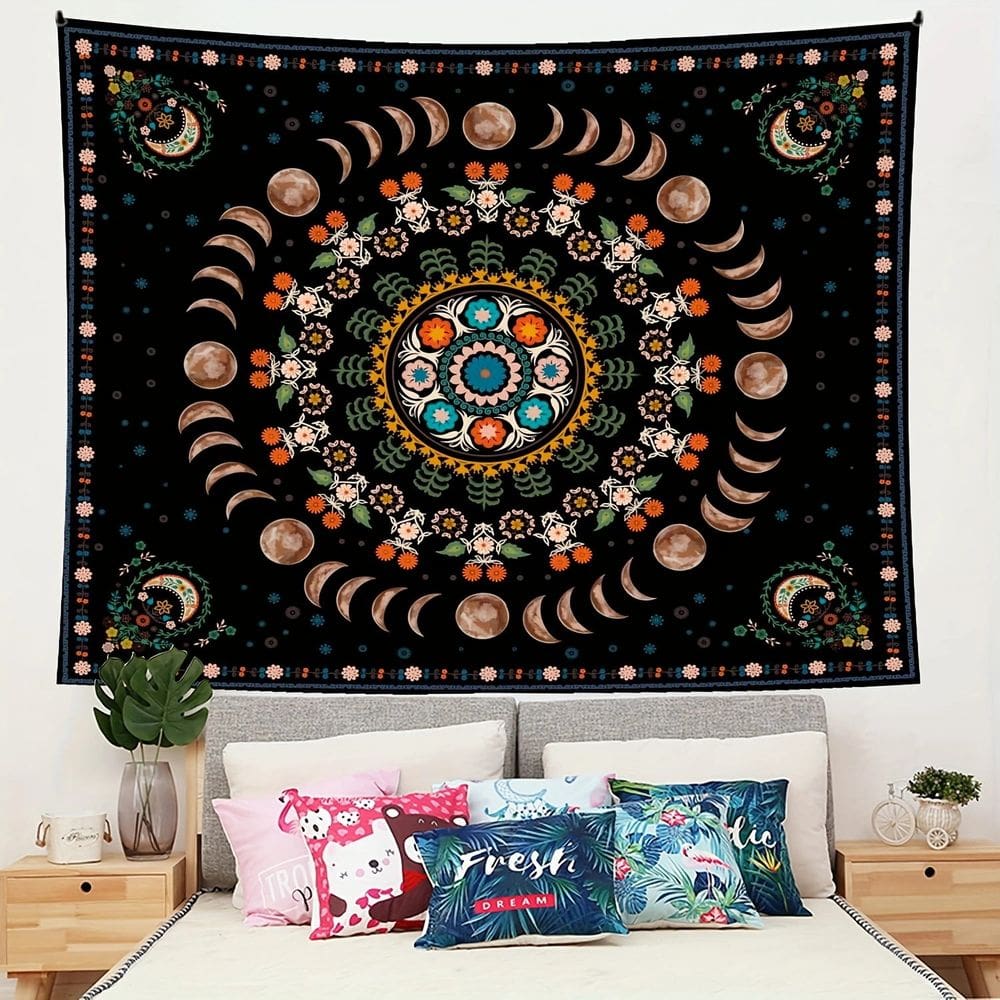 Tapeçaria para pendurar na parede Boho Mandala Moon Floral Celestial 150x130cm