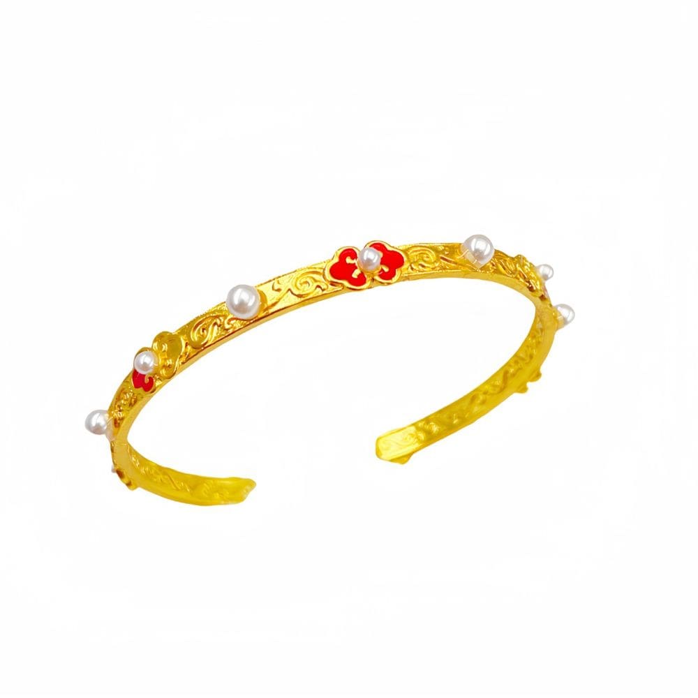 Pulseira aberta banhada a ouro para mulheres com esmalte floral