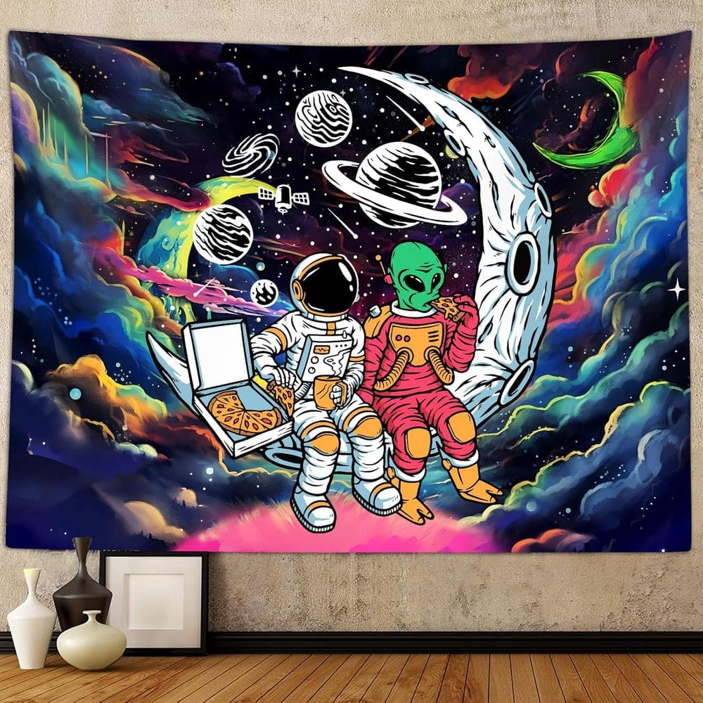 Tapeçaria pendurada na parede Astronaut Alien Eating Pizza 150x130cm
