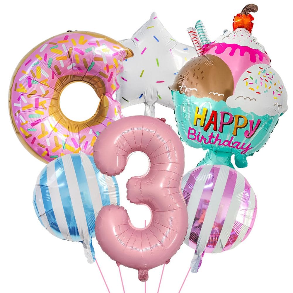 Conjunto de balões com tema de donut e sorvete com papel alumínio número 3 x6