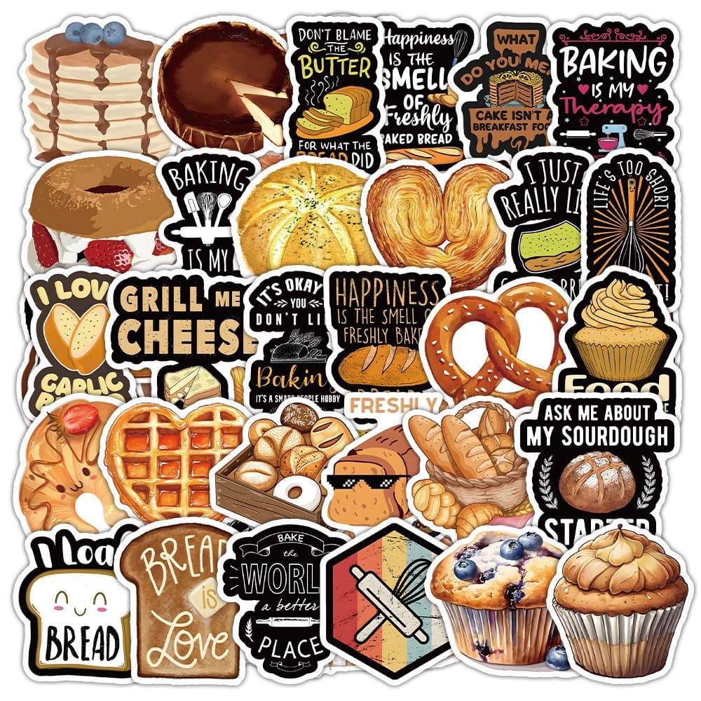 Pacote de adesivos com tema de panificação, 50 unidades de pão e sobremesa para bricolage