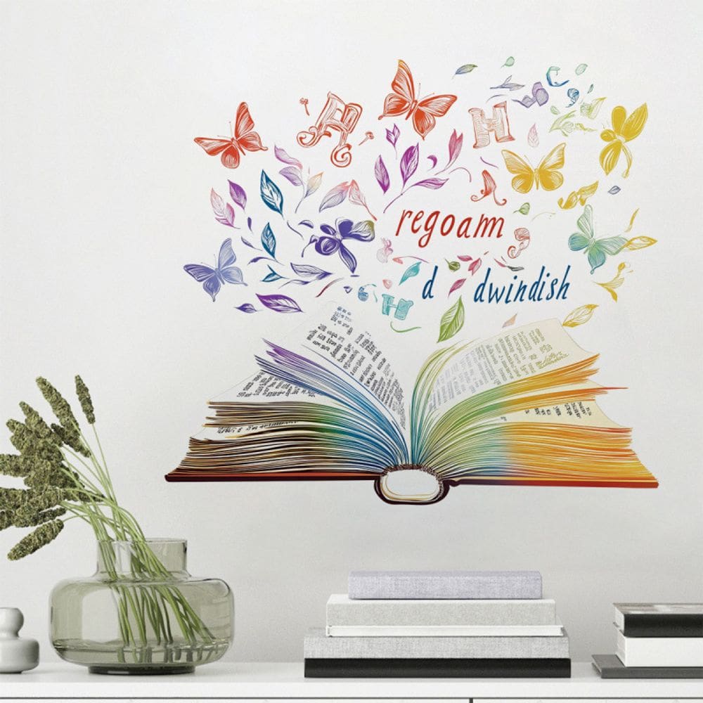 Adesivos de parede Livro colorido aberto com letras de arco-íris 35x29,5 cm