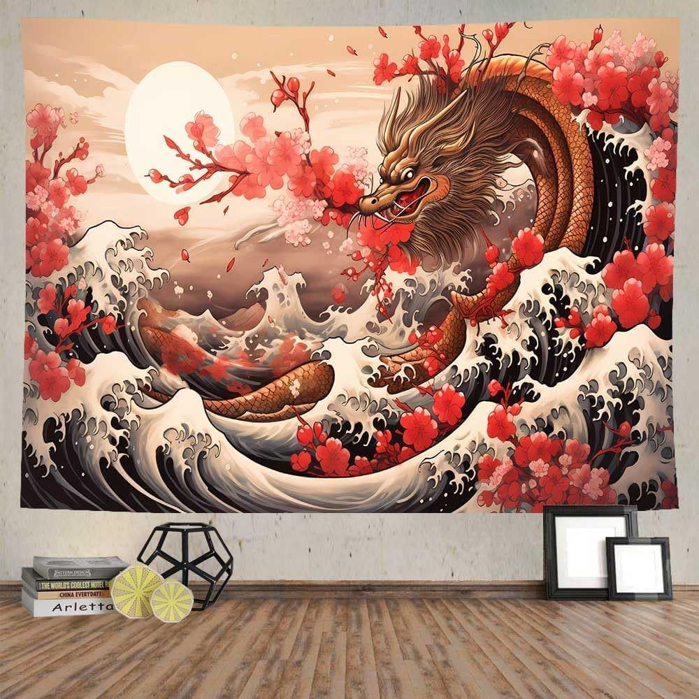 Tapeçaria de dragão japonês pendurado na parede com flores de cerejeira 150x130cm