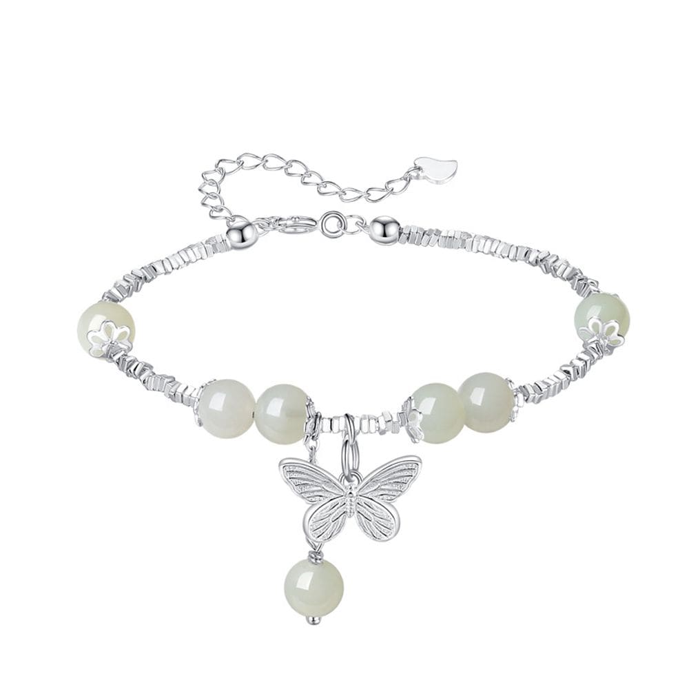 Pulseira Nephrite Jade Beads com pingente de borboleta em prata S925