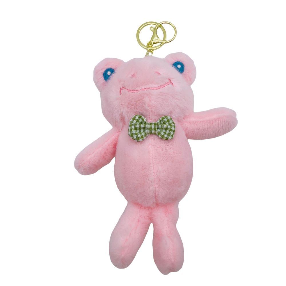 Chaveiro de pelúcia rosa fofo adorável com laço verde de 13,5 cm