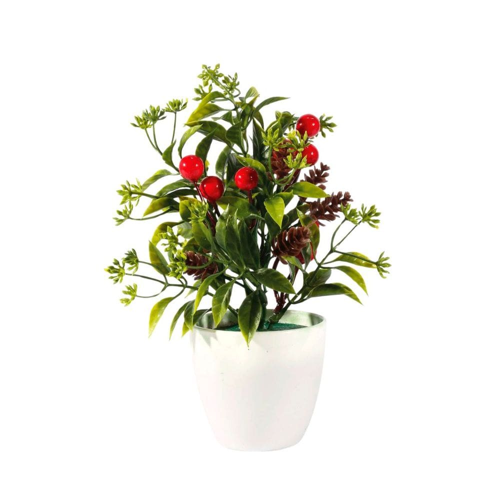 Vaso Decorativo Natalino Folhagens e Berries 23cm Vaso Branco com Pick Natalino