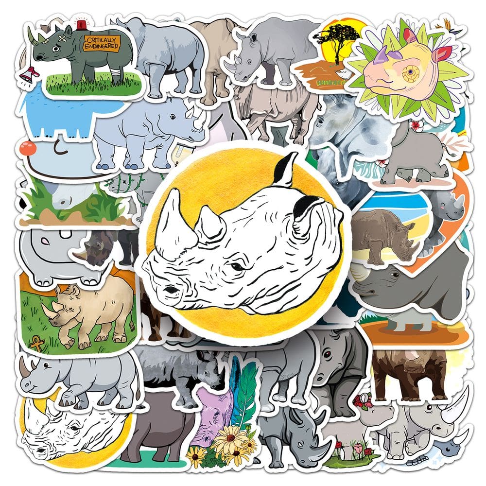 Pacote de adesivos Rhino Waterproof Vinyl Animal Decals x50