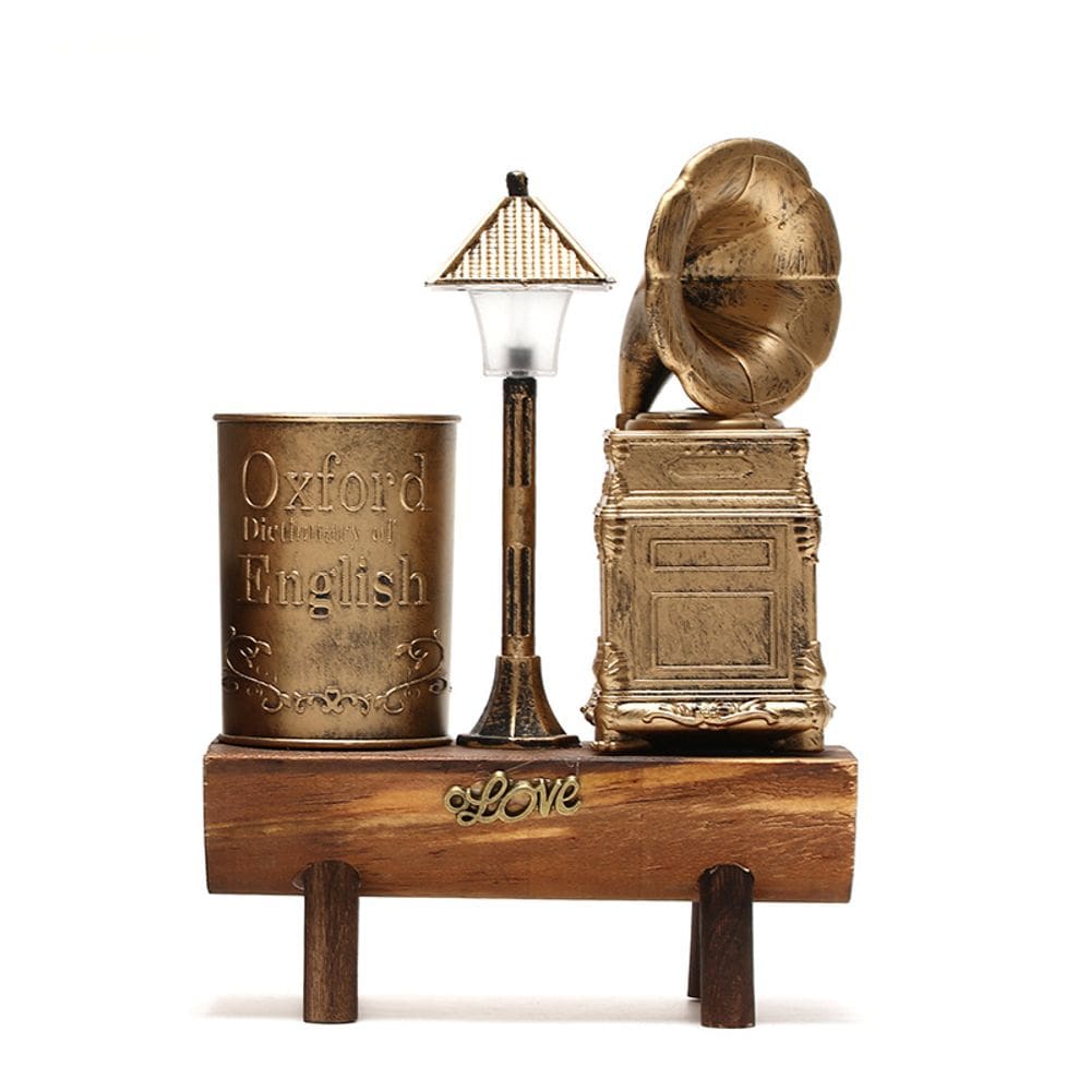 Porta-canetas com design de gramofone vintage com mini luz noturna