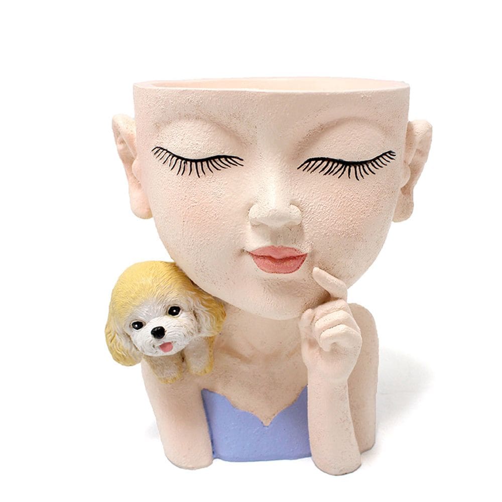 Vaso de flores Creative Resin Girl com rosto de desenho animado de cachorrinho de 17 cm