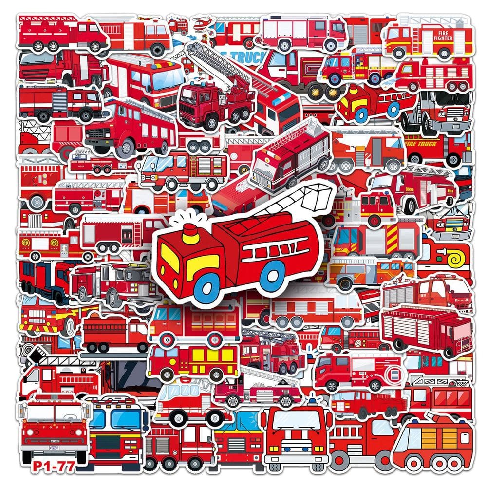 Pacote de adesivos Cartoon Fire Truck 100 unidades para crianças à prova d`água