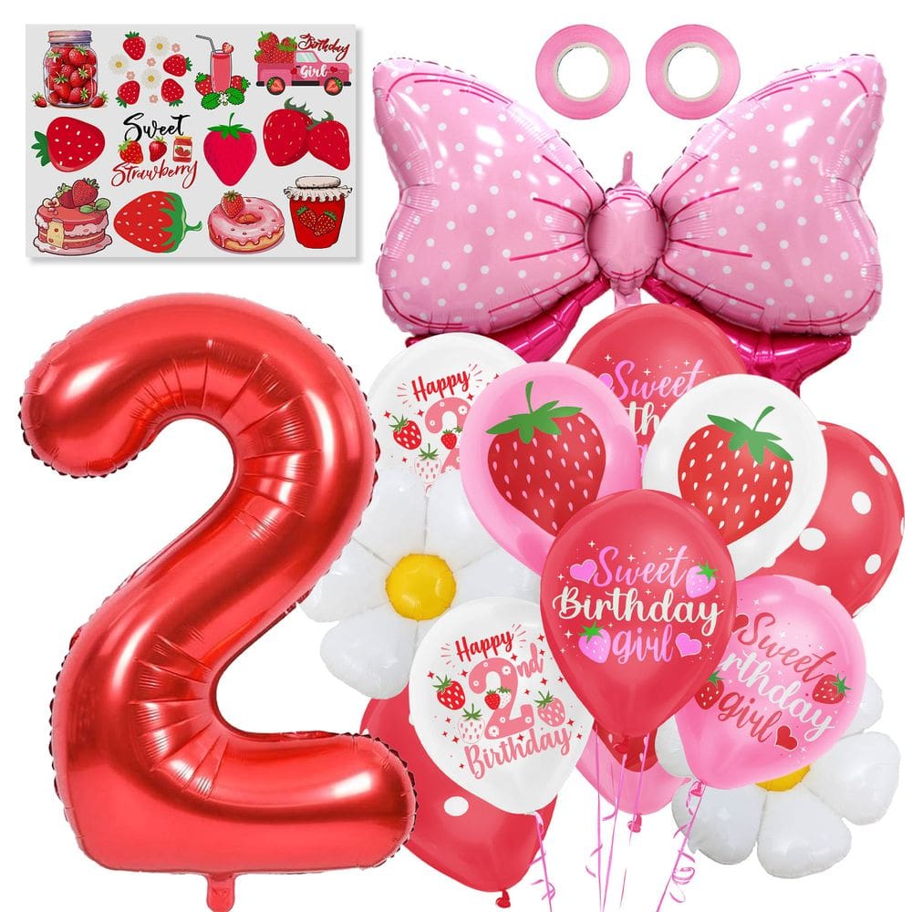 Conjunto de balões com tema de morango, 2º aniversário, 14 unidades de bunda de alumínio