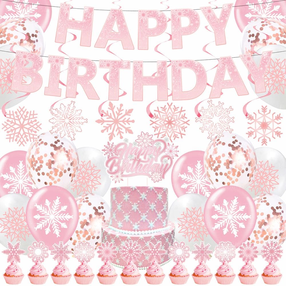 Conjunto de decoração de festa de inverno, 44 unidades com tema rosa de floco de neve