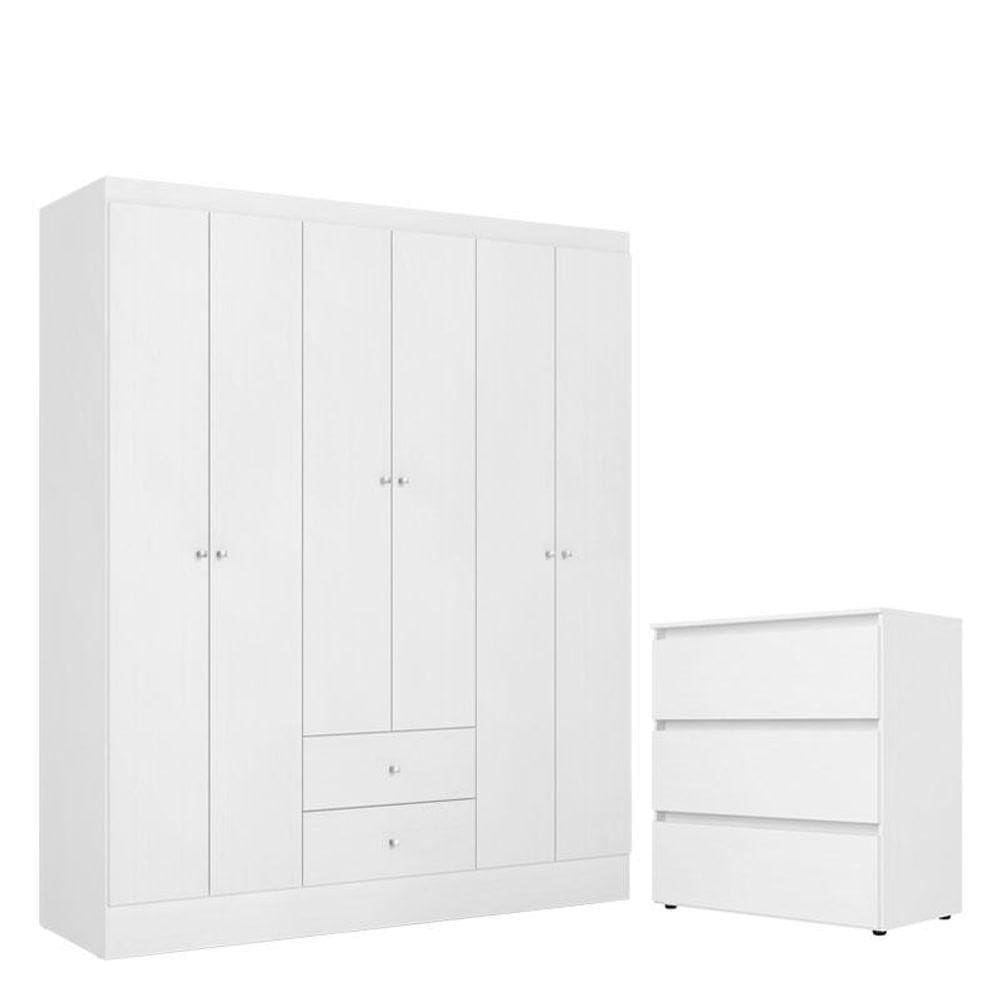 Guarda Roupa Solteiro Astro 6 Portas Branco Rosa E Cômoda Gaveteiro Condessa Branco- Thb