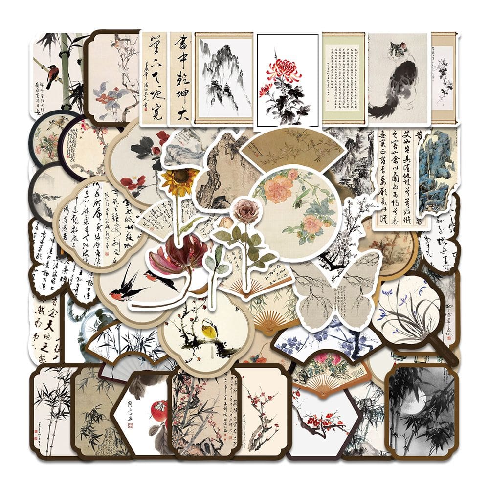 Pacote de adesivos com pintura a tinta chinesa, 60 unidades de vinil impermeável