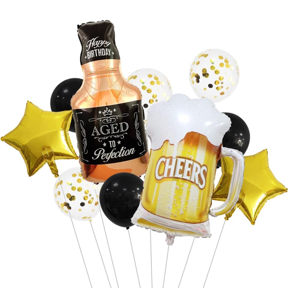 Conjunto de balões, caneca de cerveja e garrafa de uísque, 10 unidades com papel alumínio e látex