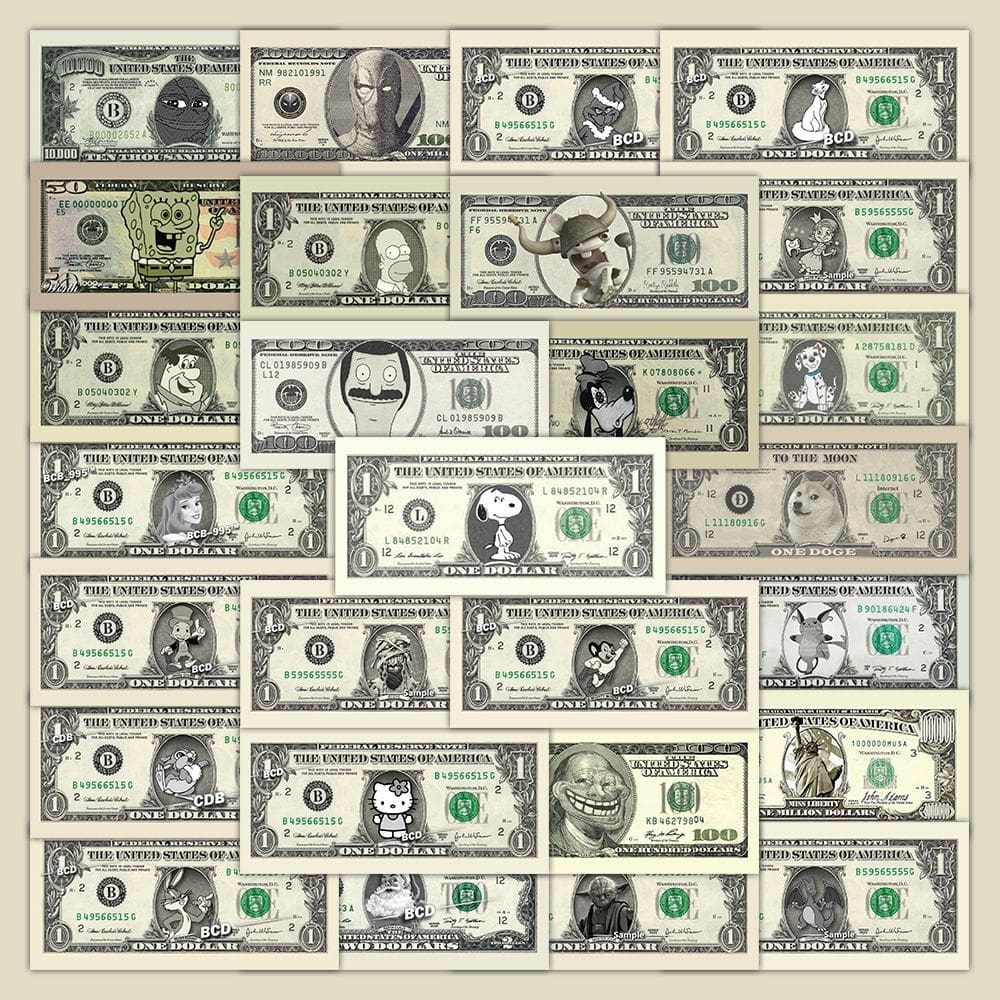 Adesivos vintage com nota de dólar, 28 peças, desenhos animados, PVC impermeável