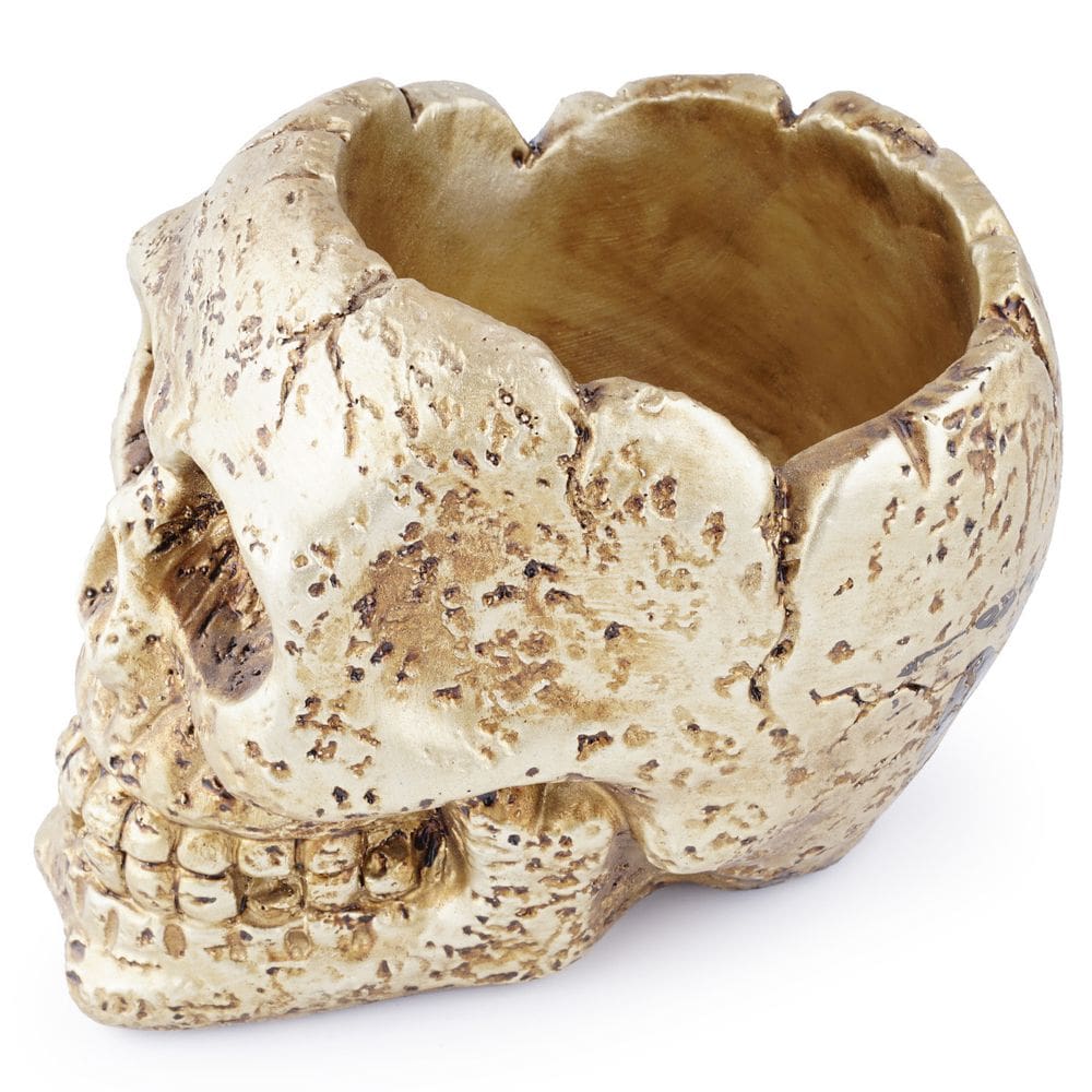 Design de caveira dourada gótica de resina de vaso de flores 710 g 17 x 13,2 x 14,8 cm