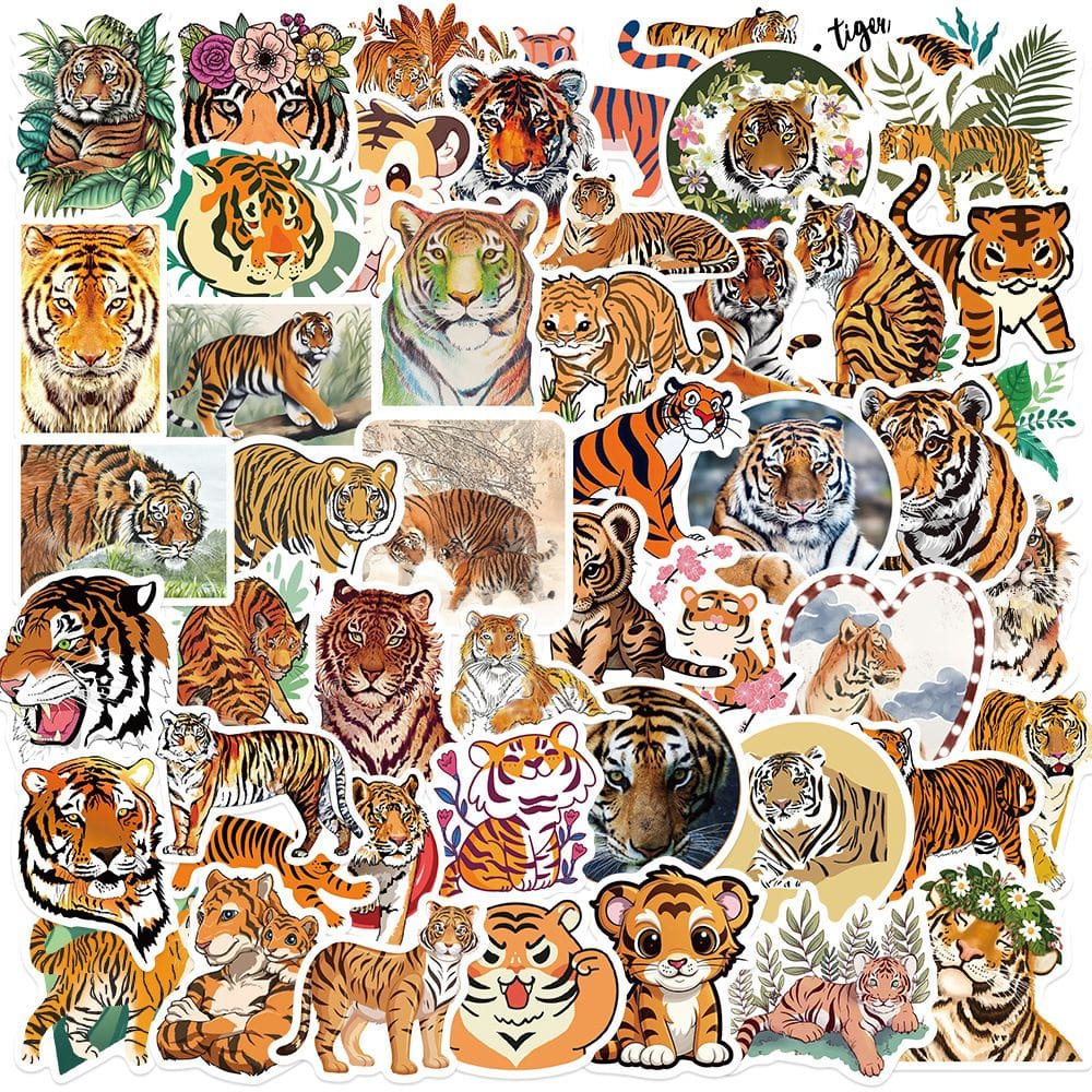 Pacote de adesivos Tiger, 50 unidades, desenhos animados, realistas, impermeáveis