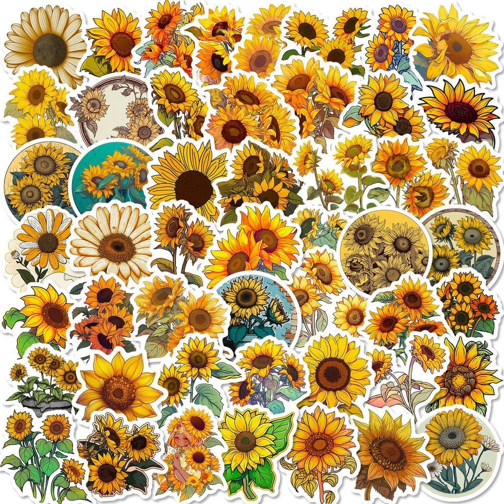Pacote de adesivos Girassol, 50 unidades de adesivos de vinil floral amarelo brilhante