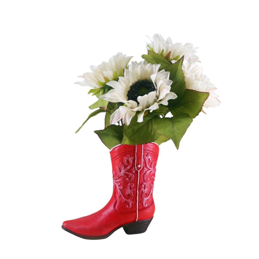 Bota decorativa de estilo ocidental de resina vermelha em vaso de flores de 17,5 cm
