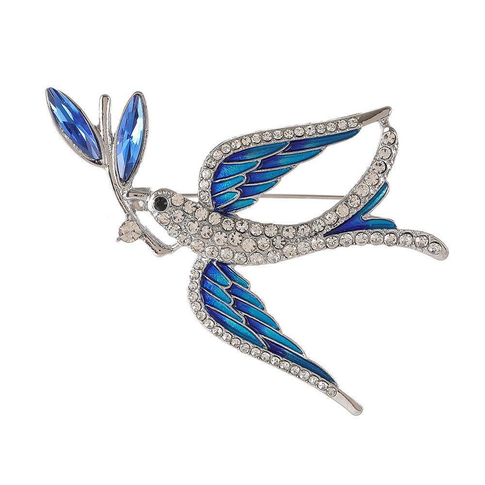 Alfinetes de broche Blue Swallow com incrustações de cristal e asas de esmalte
