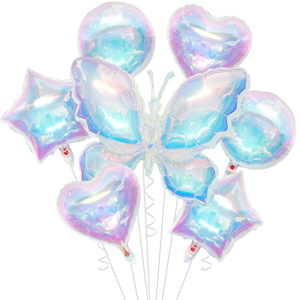 Conjunto de balões, folha de borboleta iridescente, 7 unidades com estrela de coração redonda
