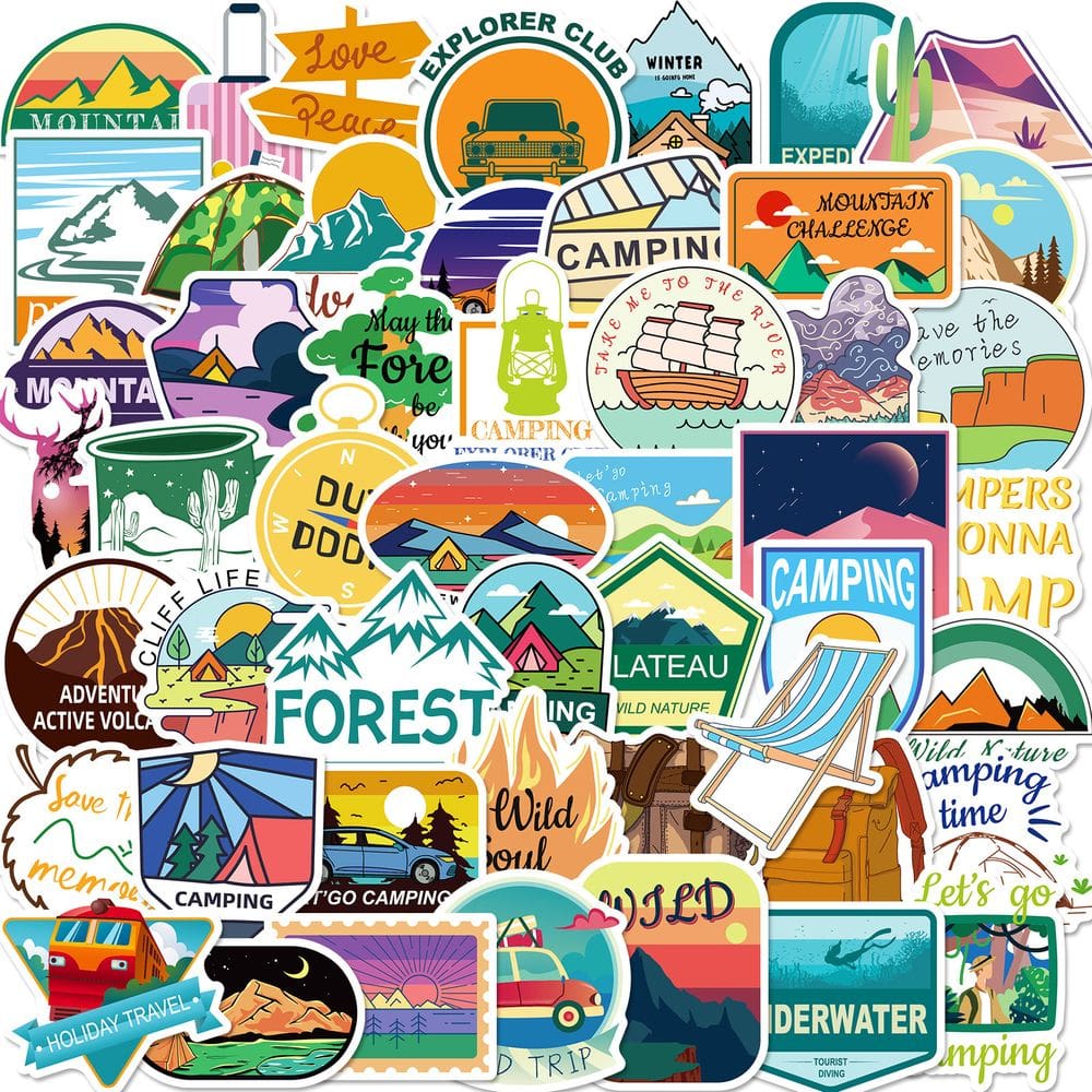 Pacote de adesivos Camping Adventure, 50 unidades de vinil impermeável