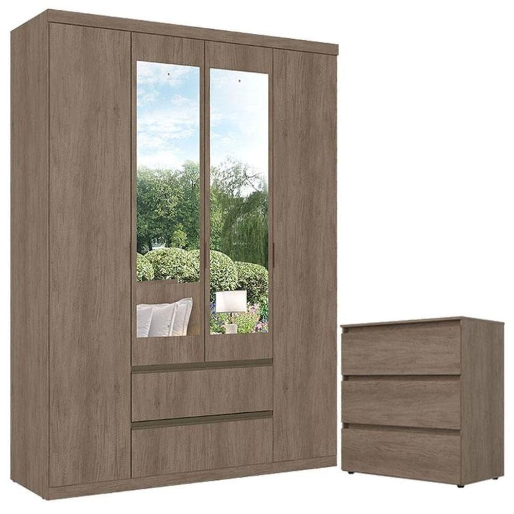 Guarda Roupa Solteiro Nobre Slim Glass 4 Portas E Cômoda Gaveteiro Condessa Rustic Acetinado - Thb