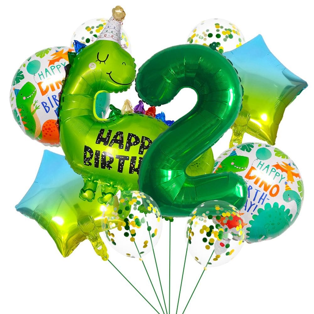 Conjunto de balões com tema de dinossauro, festa de segundo aniversário, 7 peças verdes
