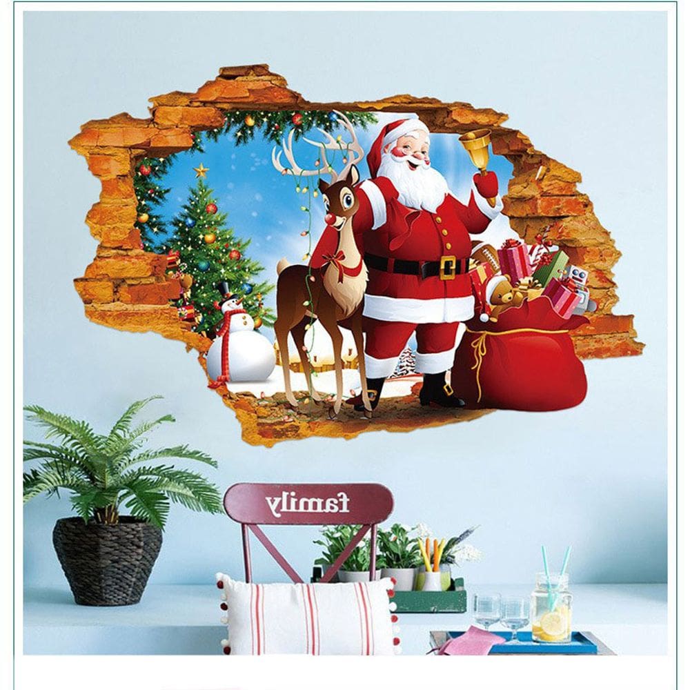 Adesivos de parede 3D Papai Noel com árvore de Natal de renas