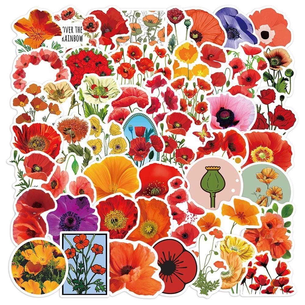 Adesivos de flor de papoula, 50 peças, vermelho brilhante e laranja, floral em V