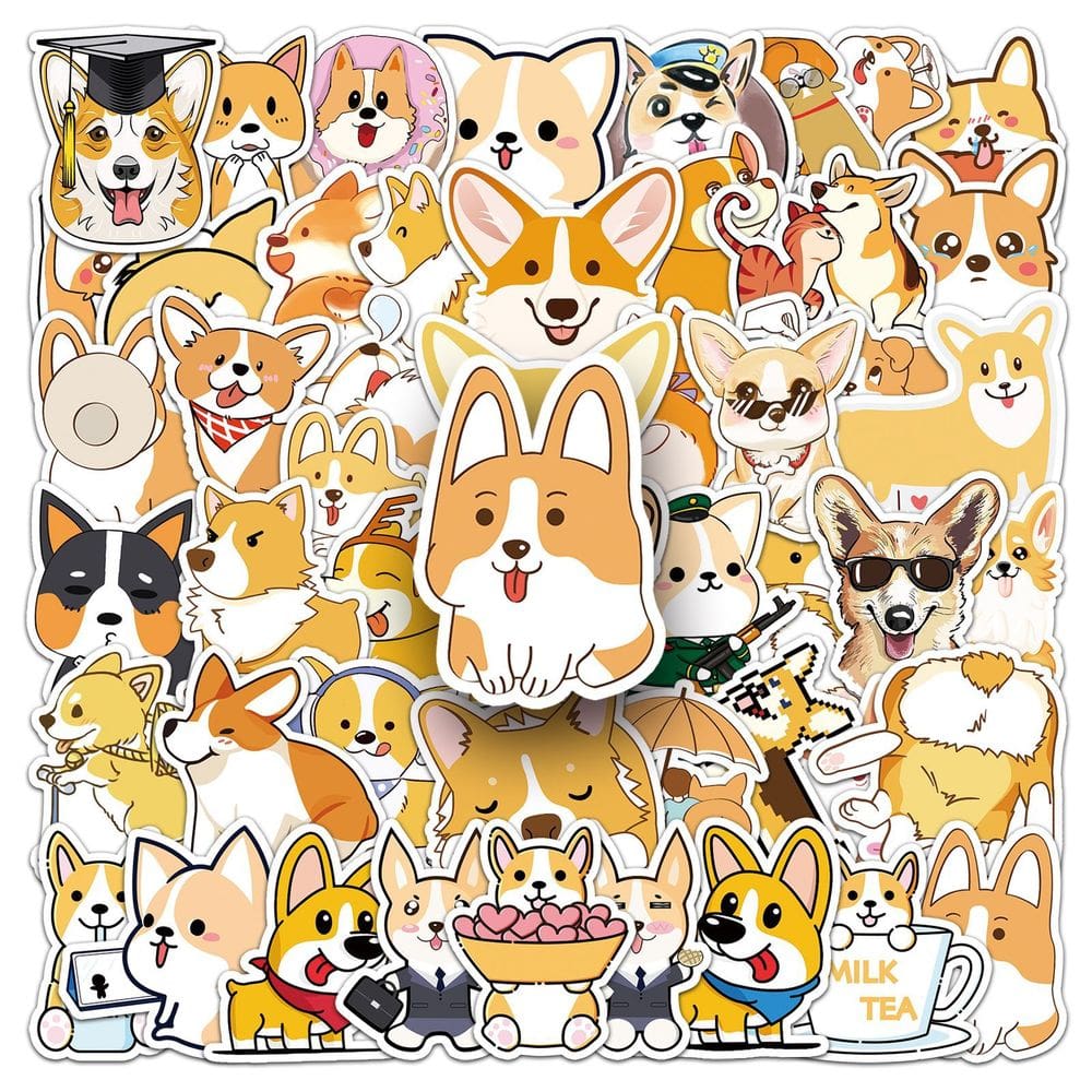 Pacote de adesivos: Decalques de vinil Cartoon Animal Corgi Dog x50