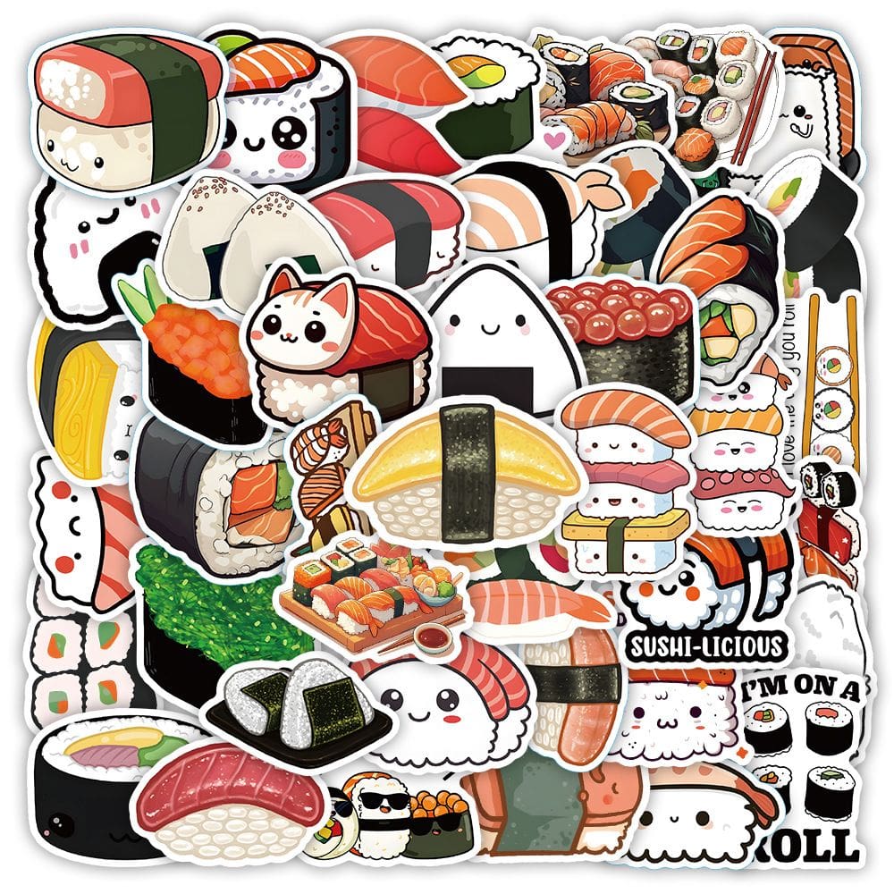 Conjunto de adesivos, 100 peças de sushi, vinil Kawaii Cute Food para decoração