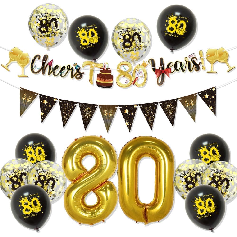 Kit de balões para 80º aniversário, dourado e preto, número 12 unidades