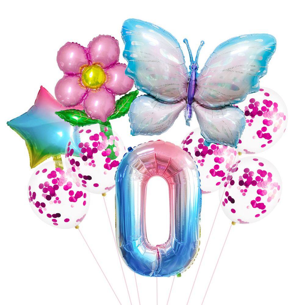 Conjunto de balões Butterfly Foil Number 0 9 unidades | Colorful Pink Flo