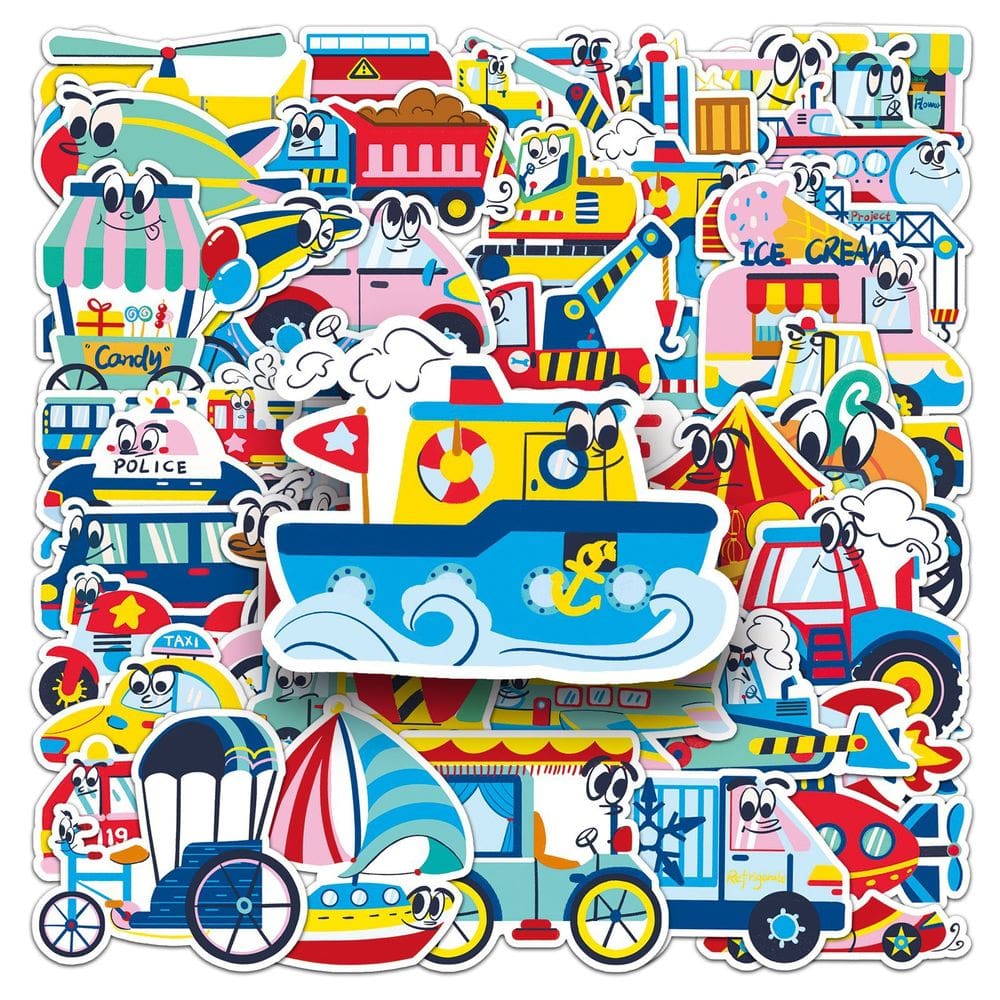 Conjunto de adesivos, 50 peças, fofo veículo de desenho animado para crianças, impermeável