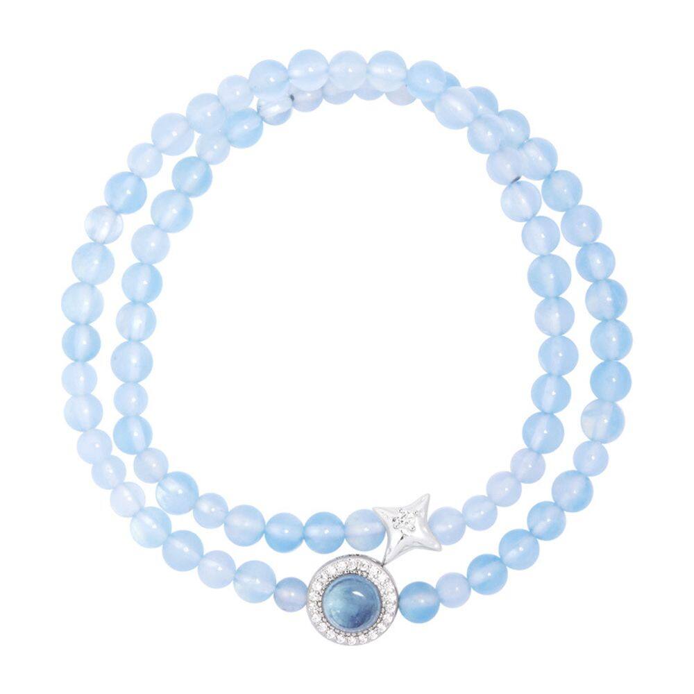 Pulseira S925 em prata esterlina de dupla camada água-marinha para mulheres