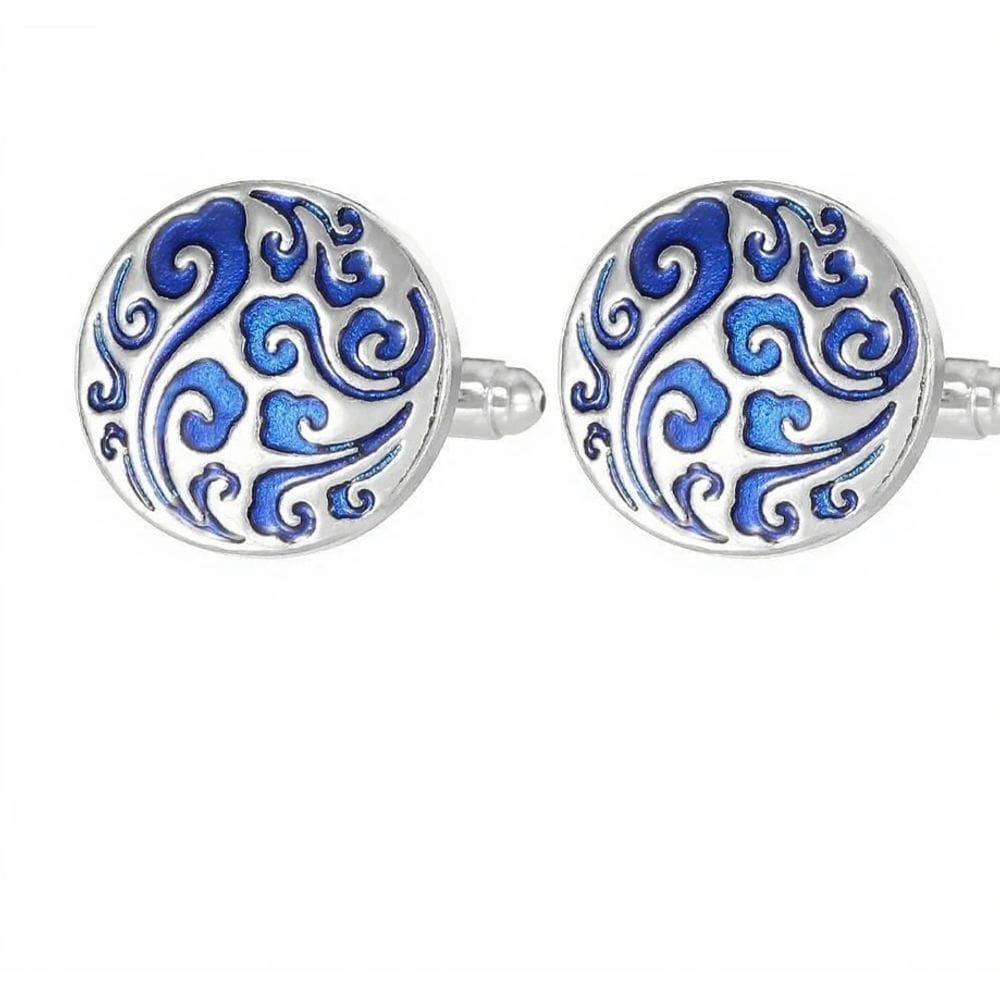 Abotoaduras genéricas, elegantes, redondas, esmalte, azul, padrão floral