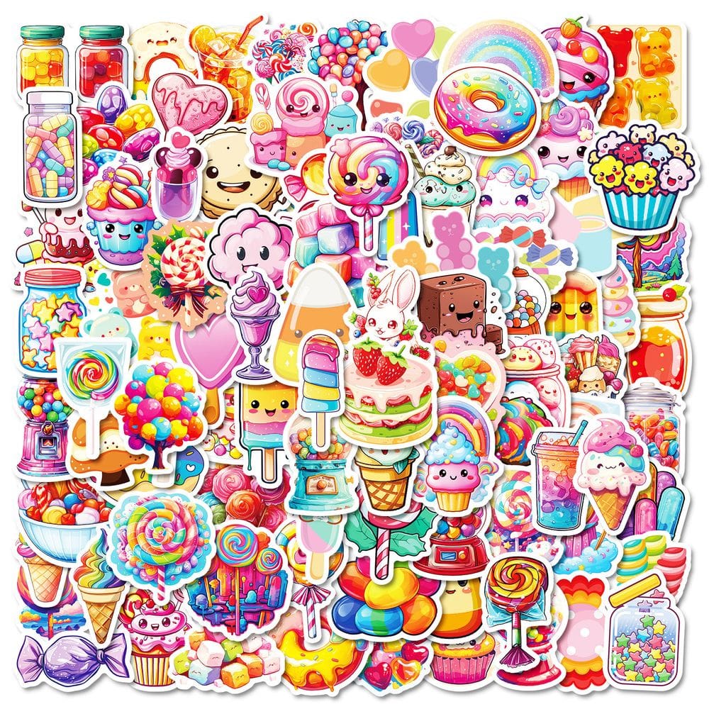 Pacote de adesivos: 100 peças de vinil impermeável com tema de doces colorido