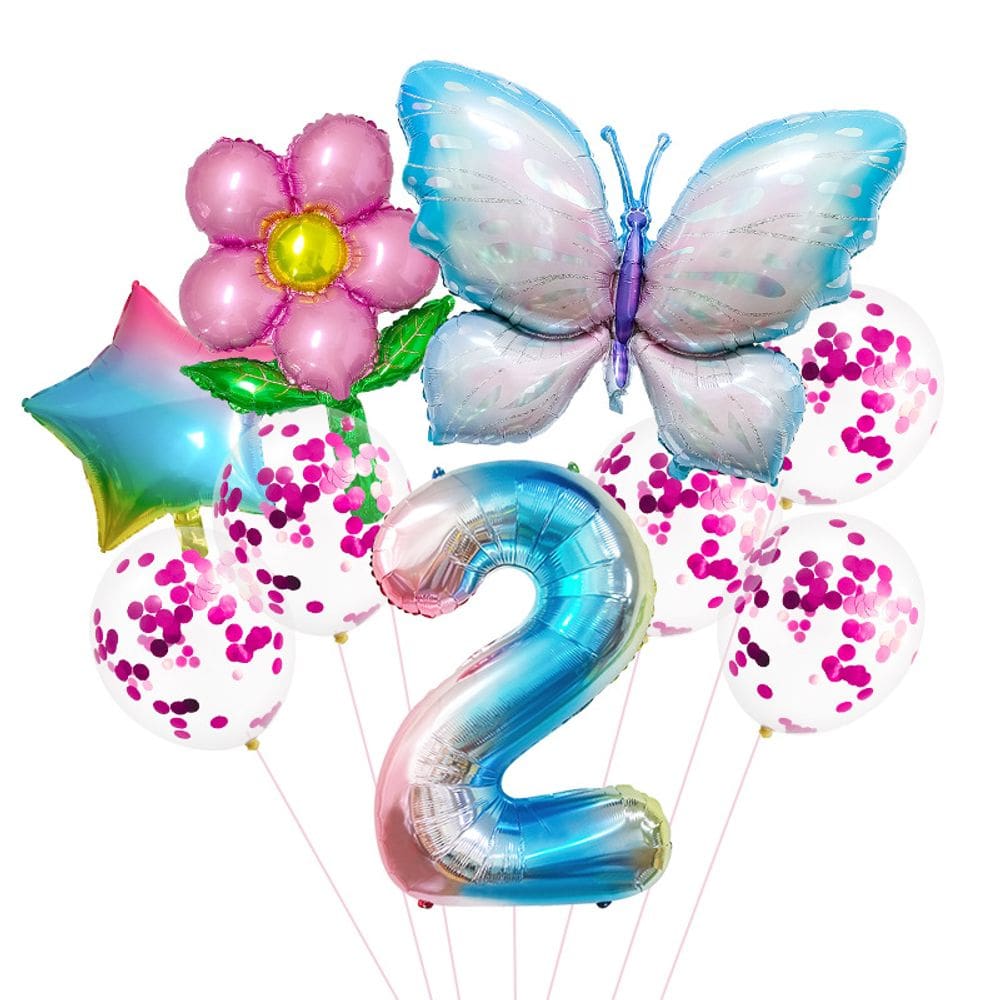 Conjunto de balões, borboleta e flor, segundo aniversário, 9 unidades