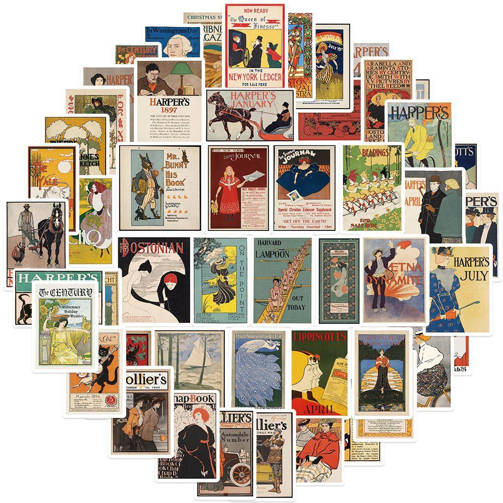 Pacote de adesivos: pôster vintage, 50 peças, decalques de arte retrô de 3 a 6 cm