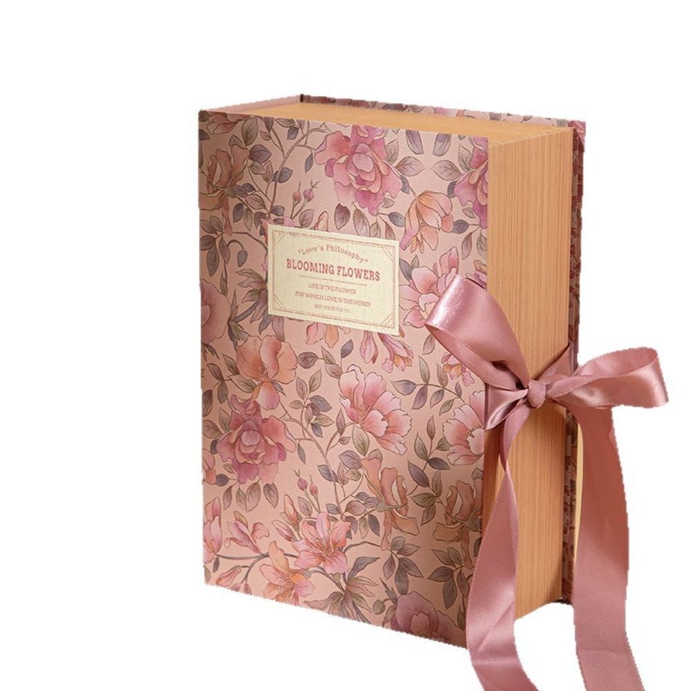 Caixa de presente de papelão estilo livro floral 16,7x23,7x8,2 cm com fita