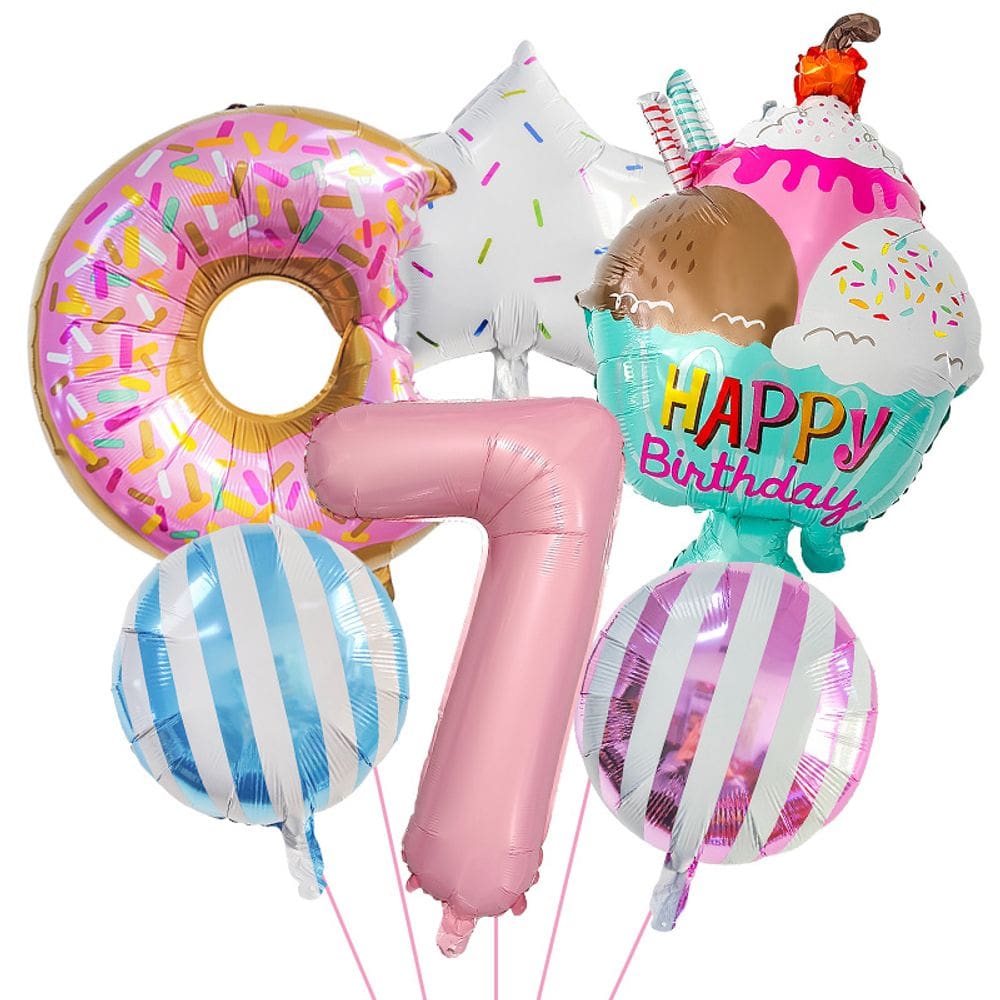 Conjunto de balões com tema de donut e sorvete, 6 unidades com 7 números para crianças